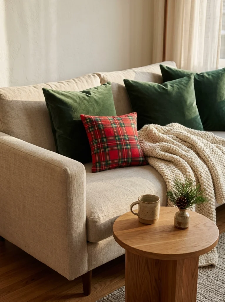 Christmas living room decor with plaid cushions, green velvet pillows, and a cozy cream throw.