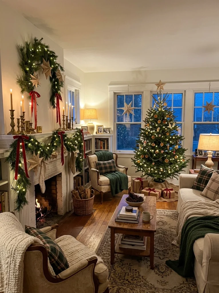 How to decorate a home for Christmas on a budget with warm lights, handmade ornaments, greenery, and cozy living room accents.