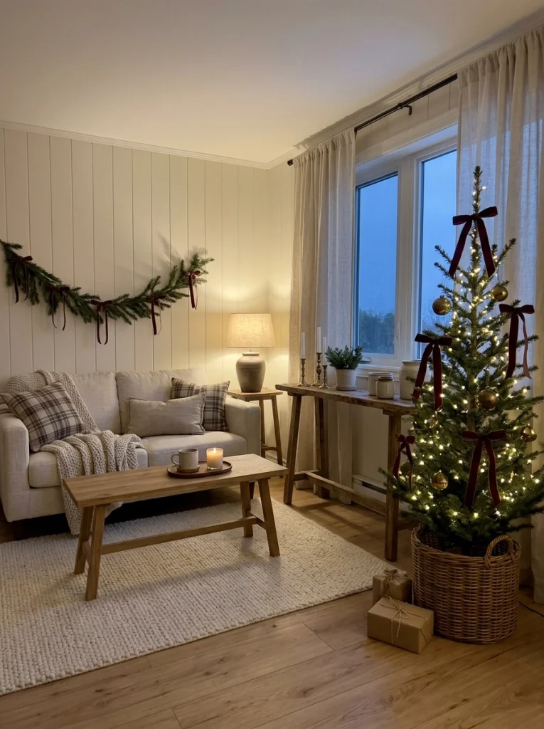 How to decorate a small home for Christmas with a slim tree, warm lights, and simple holiday accents.