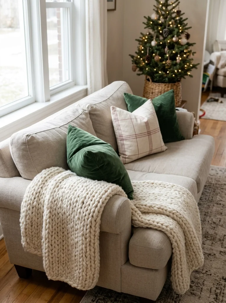 Affordable Christmas pillow covers in green, cream, and red update a living room for the holidays.