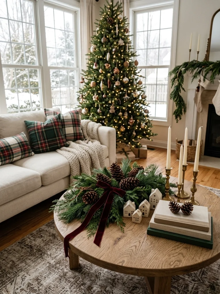 A cozy Christmas coffee table styled with evergreen branches, brass candleholders, pinecones, and elegant neutral holiday decorations.