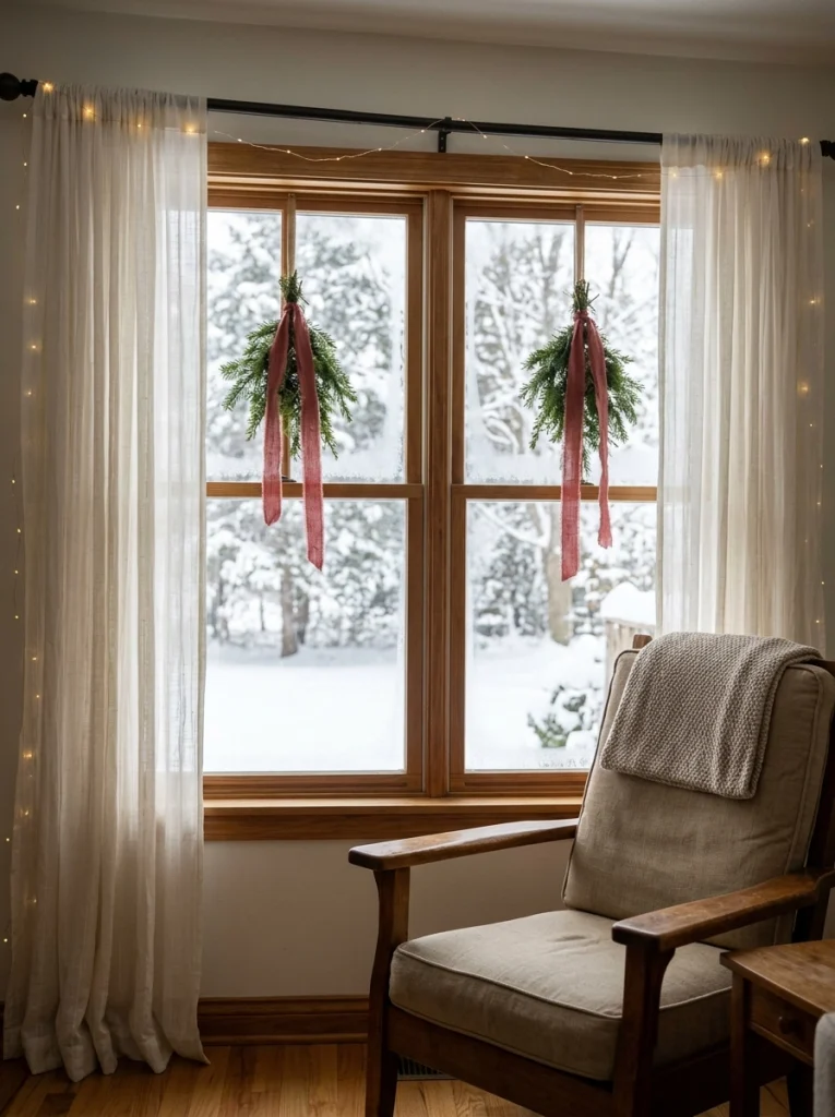 Christmas living room window decor with evergreen swags, red ribbon, and delicate warm white lights.
