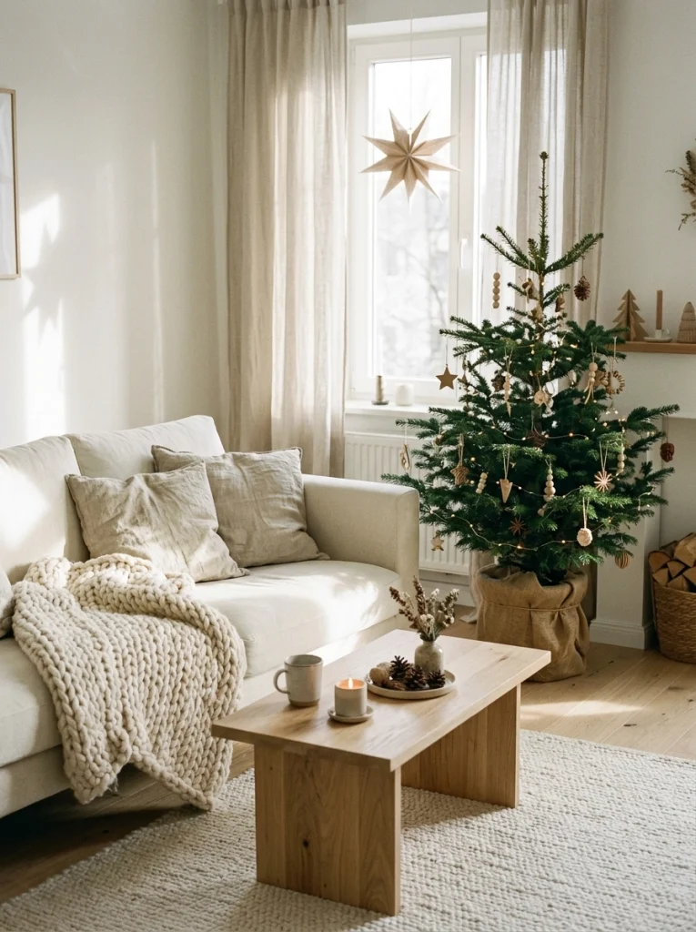 Neutral Christmas living room decor ideas with cream pillows, natural wood ornaments, and soft winter textures.