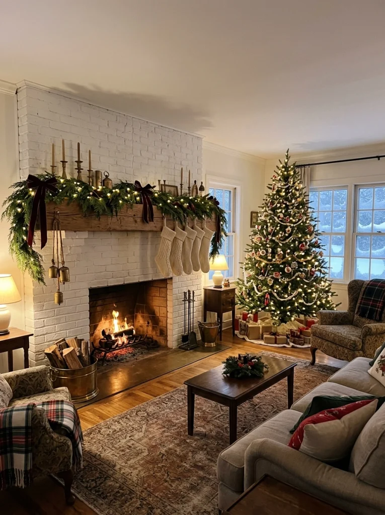A Christmas mantel decorated with cedar garland, burgundy ribbon, brass candleholders, and cream stockings for a cozy holiday living room.
