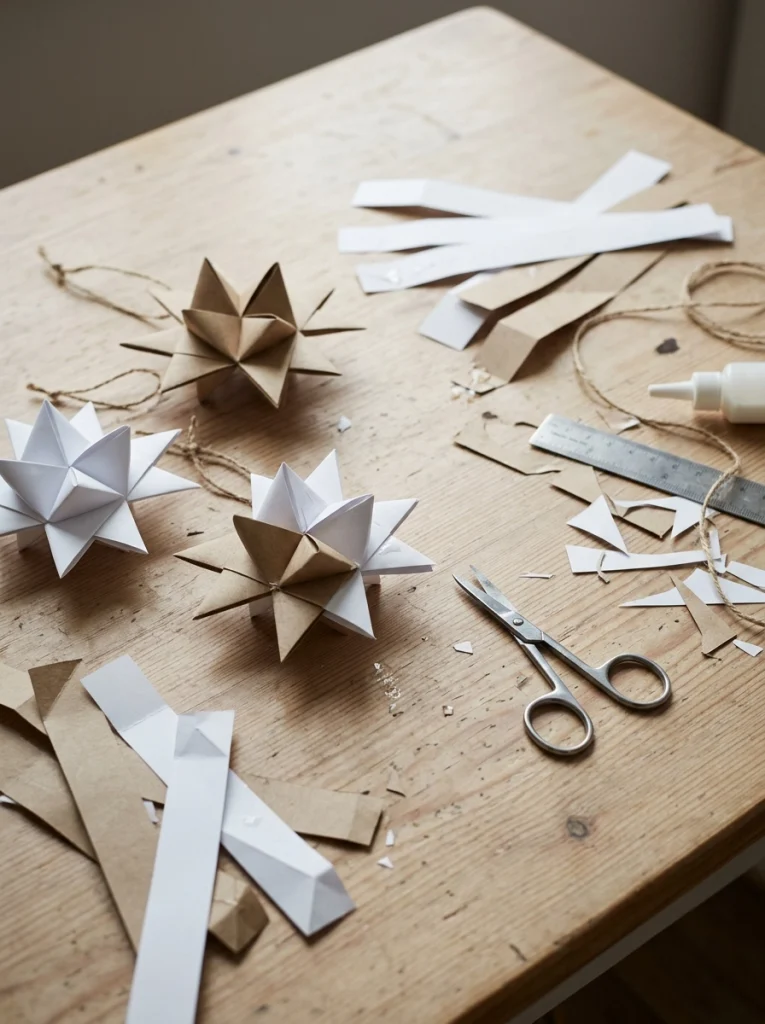Handmade paper Christmas stars made from inexpensive cardstock create simple decorations for shelves and windows.