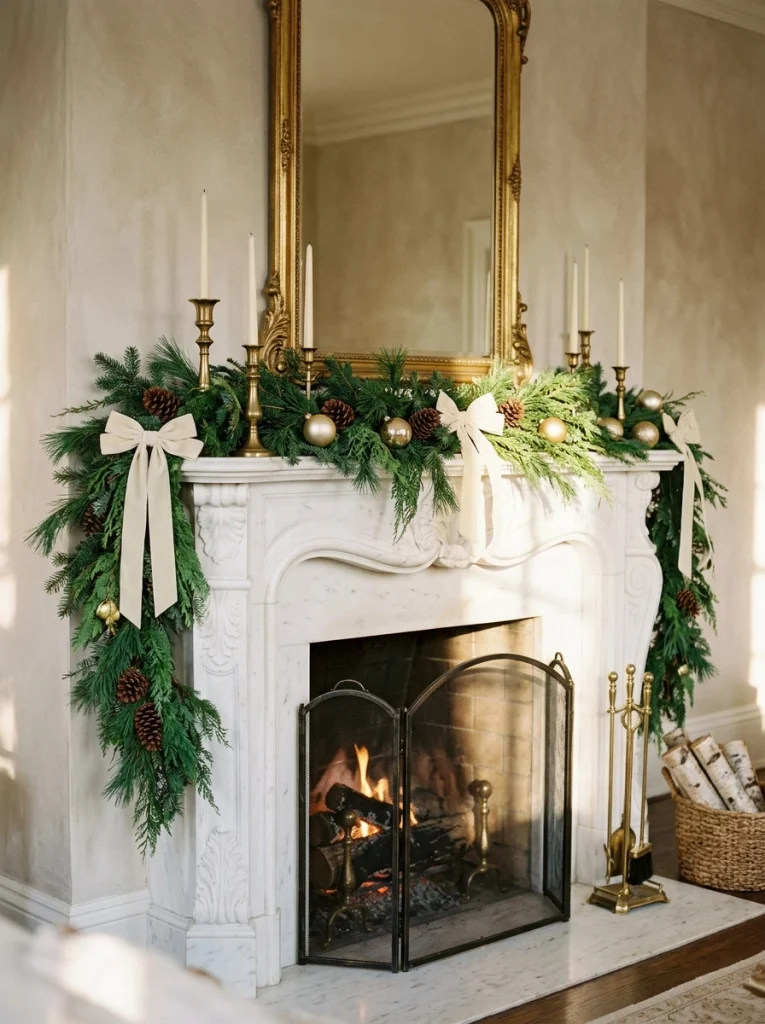 A luxurious Christmas mantel with evergreen garland, velvet bows, and brass candleholders.