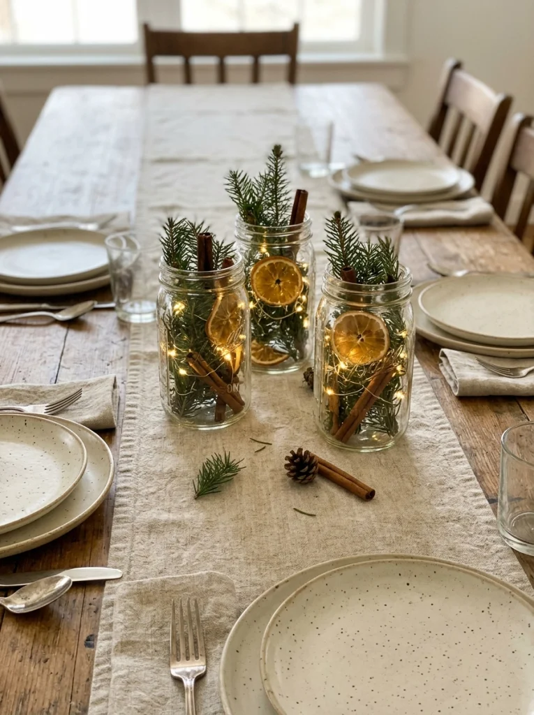 Mason jars filled with greenery and fairy lights make inexpensive Christmas table centerpieces.