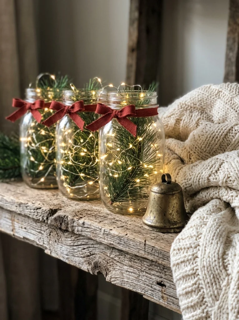 DIY farmhouse Christmas decorations made from glass mason jars, fairy lights, and evergreen sprigs.