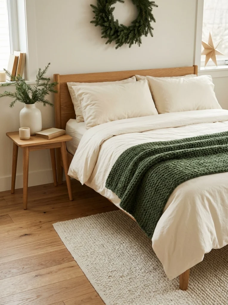 Cream bedding and a forest-green throw create a cozy Christmas bedroom with natural seasonal colors.