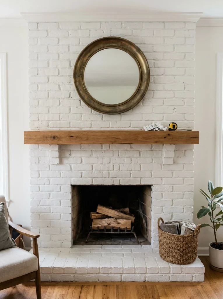 A brass mirror centered above an oak fireplace mantel before Christmas greenery and decorations are added.