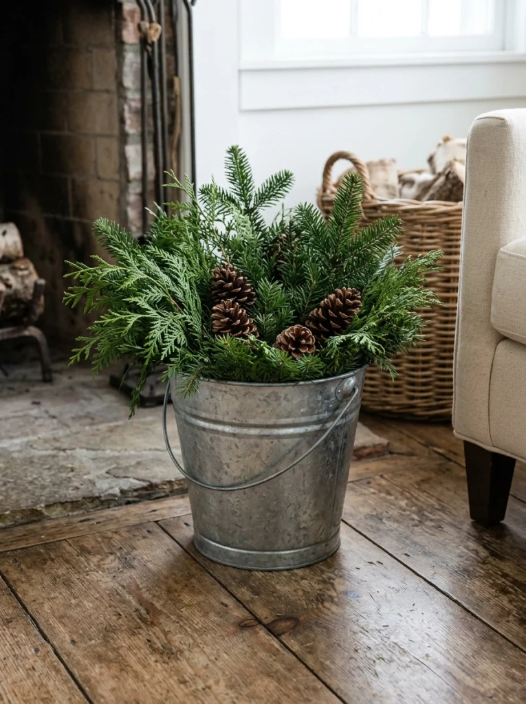 Rustic farmhouse Christmas decor with a galvanized metal bucket filled with evergreen branches.