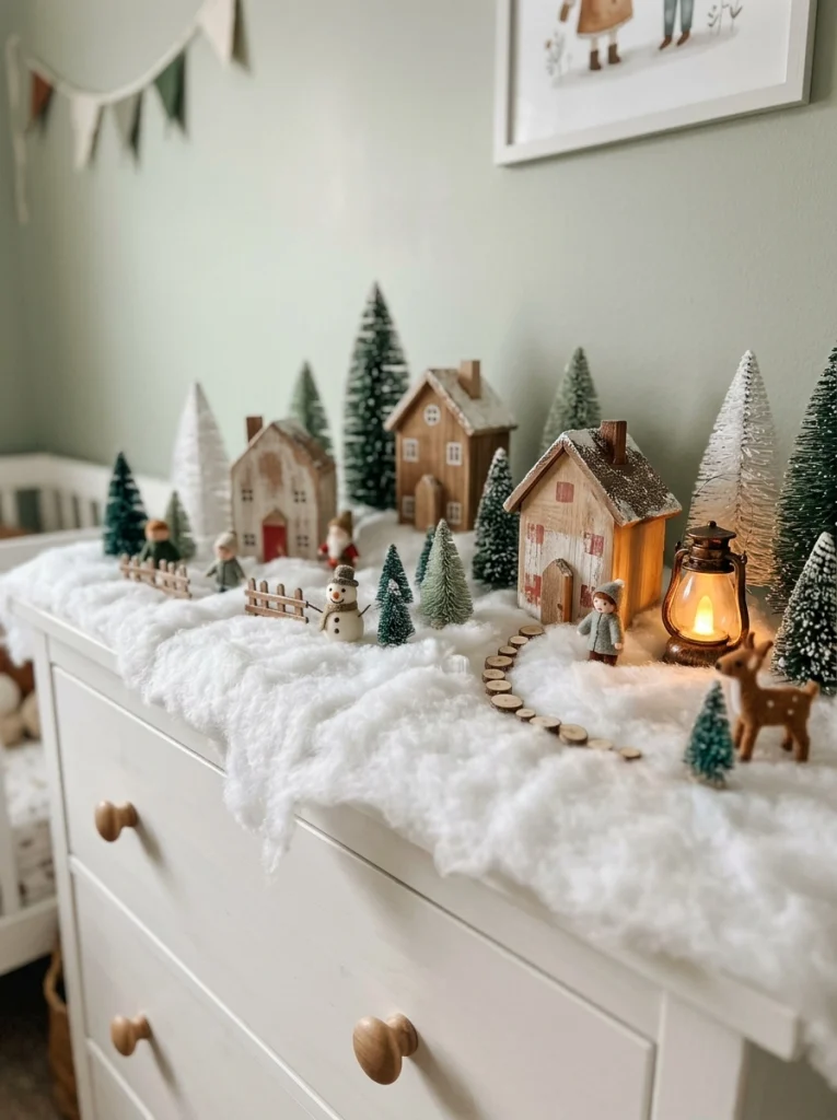 A child's dresser decorated with a miniature Christmas village and tiny evergreen trees.
