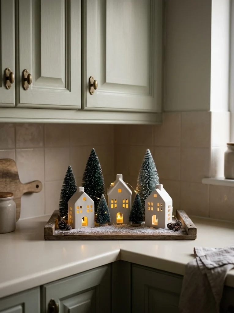 Small ceramic Christmas village with miniature trees and warm lights in a kitchen corner.