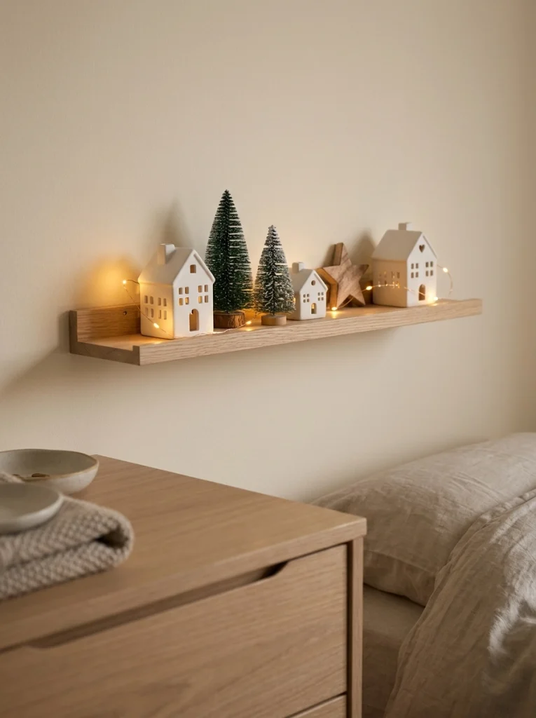 Miniature Christmas houses and bottlebrush trees create a charming bedroom shelf display.
