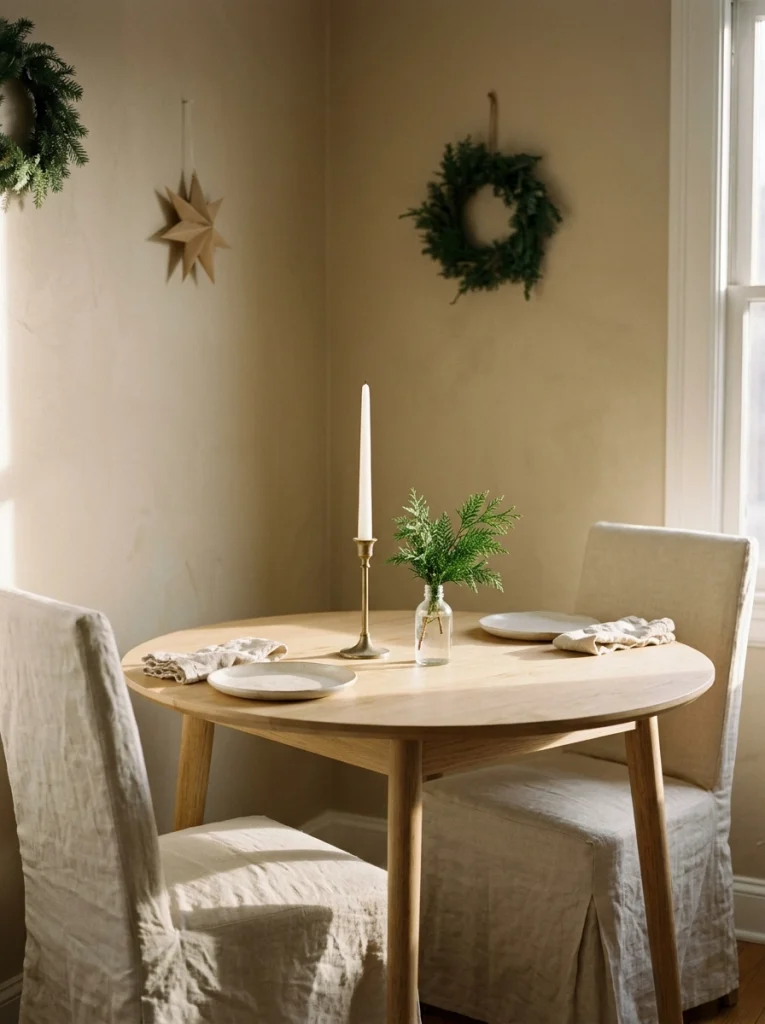 Minimalist Christmas dining decor with linen, cedar branches, and a simple white candle.