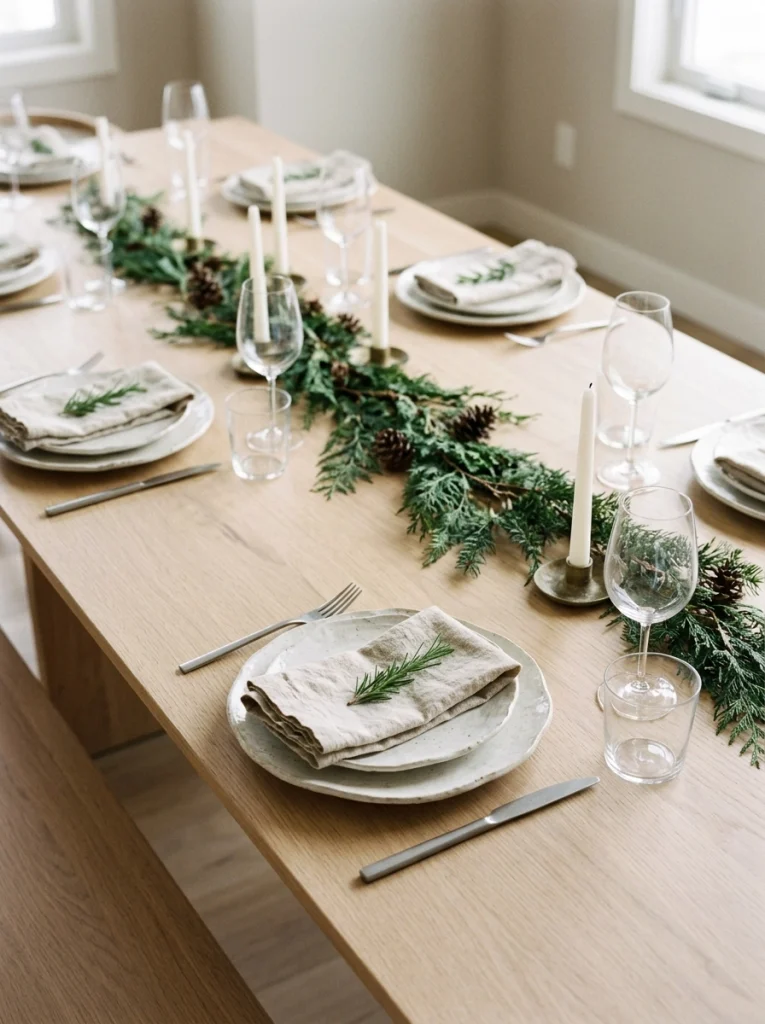 Minimalist Christmas table settings with white plates, linen napkins, rosemary sprigs, and cedar greenery.