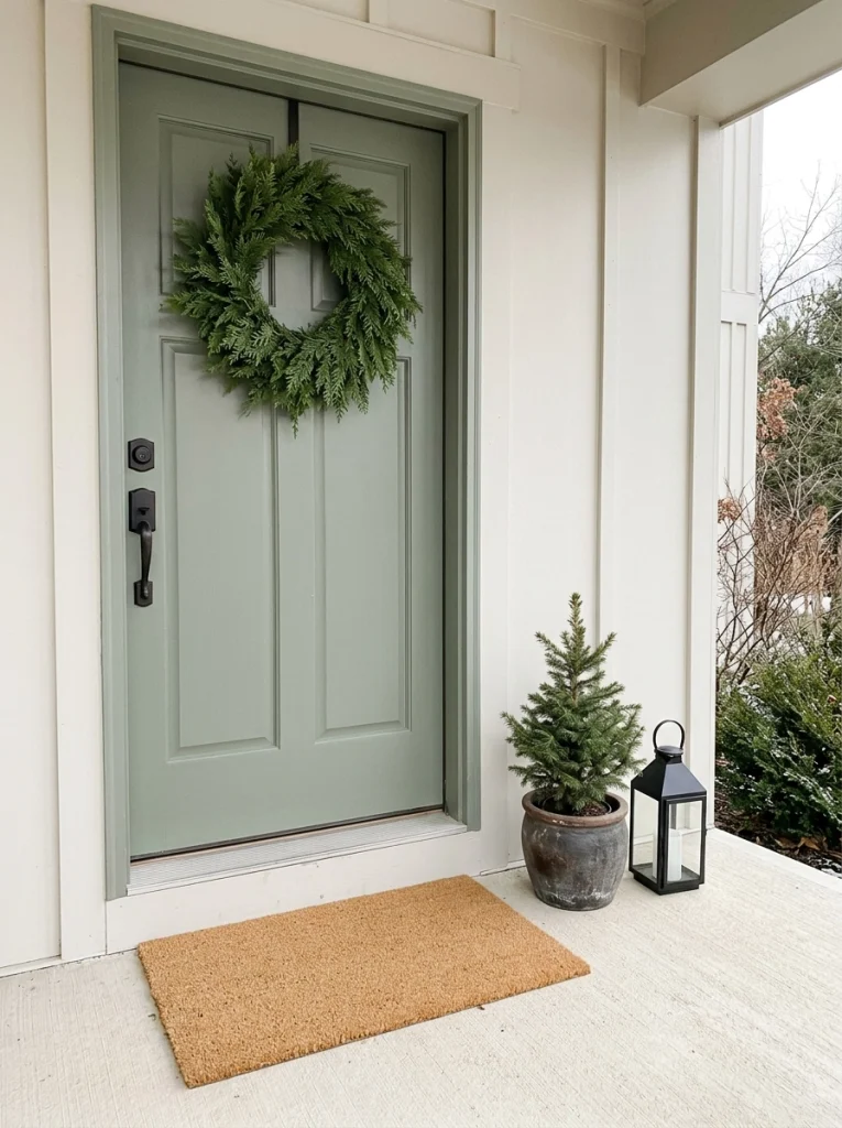 Minimalist Christmas porch decor with a cedar wreath, potted evergreen, and simple black lantern.