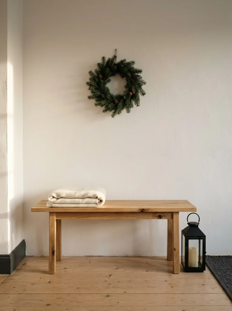 Minimalist Christmas living room decor with a wooden bench, cream blanket, and understated lantern.