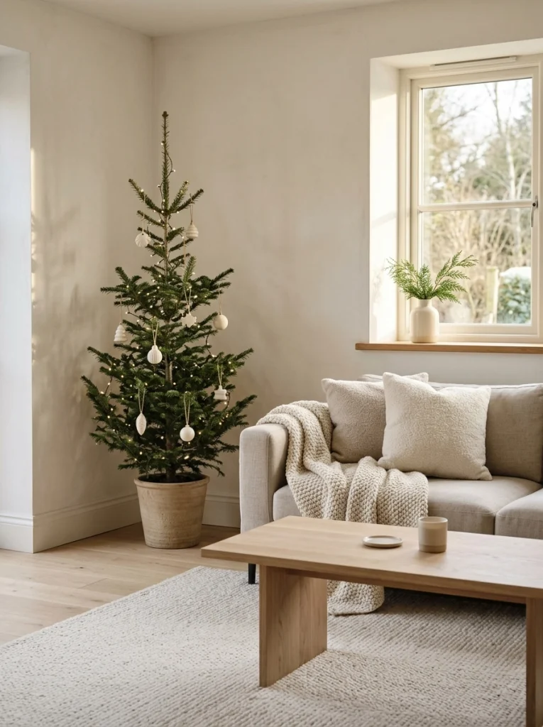 Elegant minimalist Christmas home decor with a slim tree, neutral ornaments, and simple natural accents.
