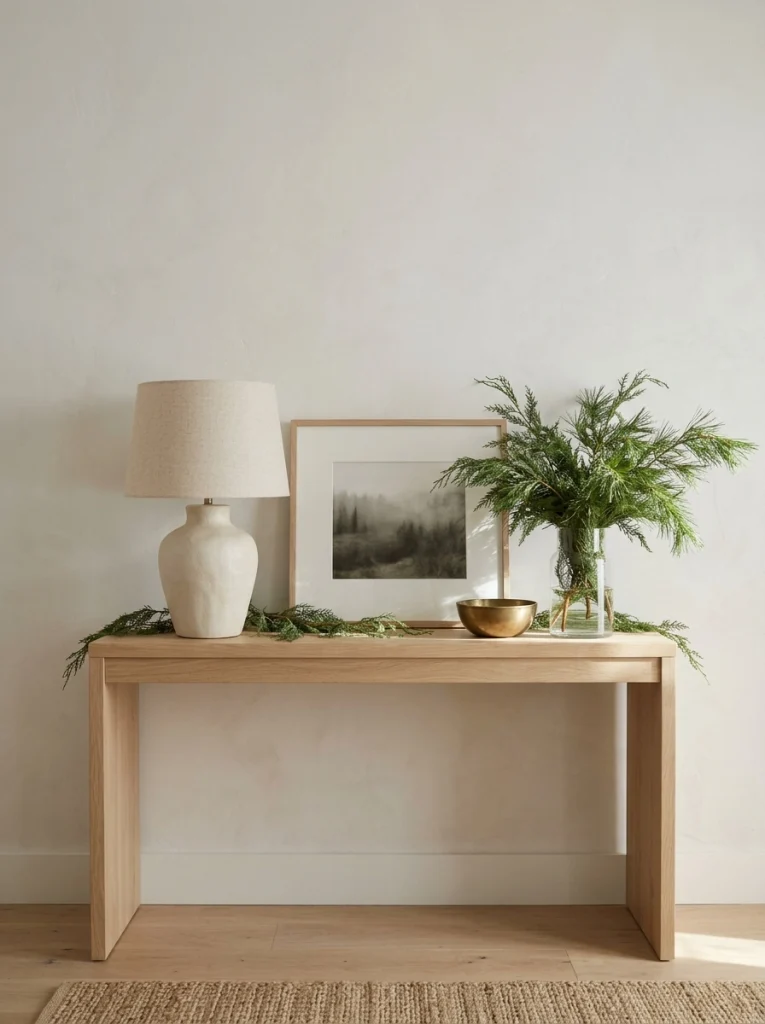 Minimalist luxury Christmas console decor with a ceramic lamp, evergreen branches, and brass details.