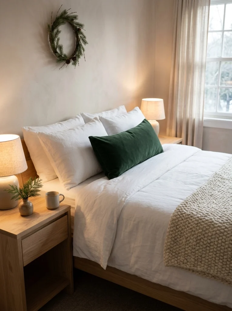 Minimalist Christmas bedroom decor with white bedding, a green accent cushion, and subtle evergreen details.