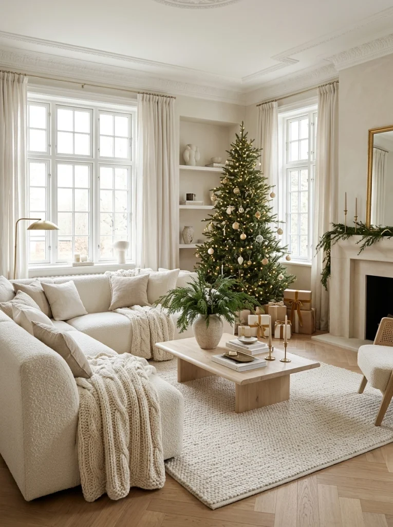Luxury Christmas living room decor with layered ivory pillows, knit blankets, and understated gold accents.