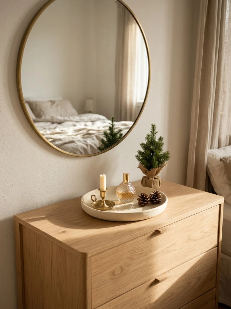 A small dresser tray with seasonal accents creates neat and affordable Christmas bedroom decor.
