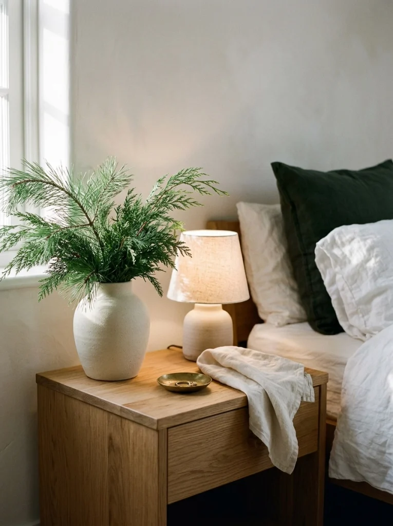 A small evergreen arrangement brings natural Christmas bedroom decor to a bedside table.