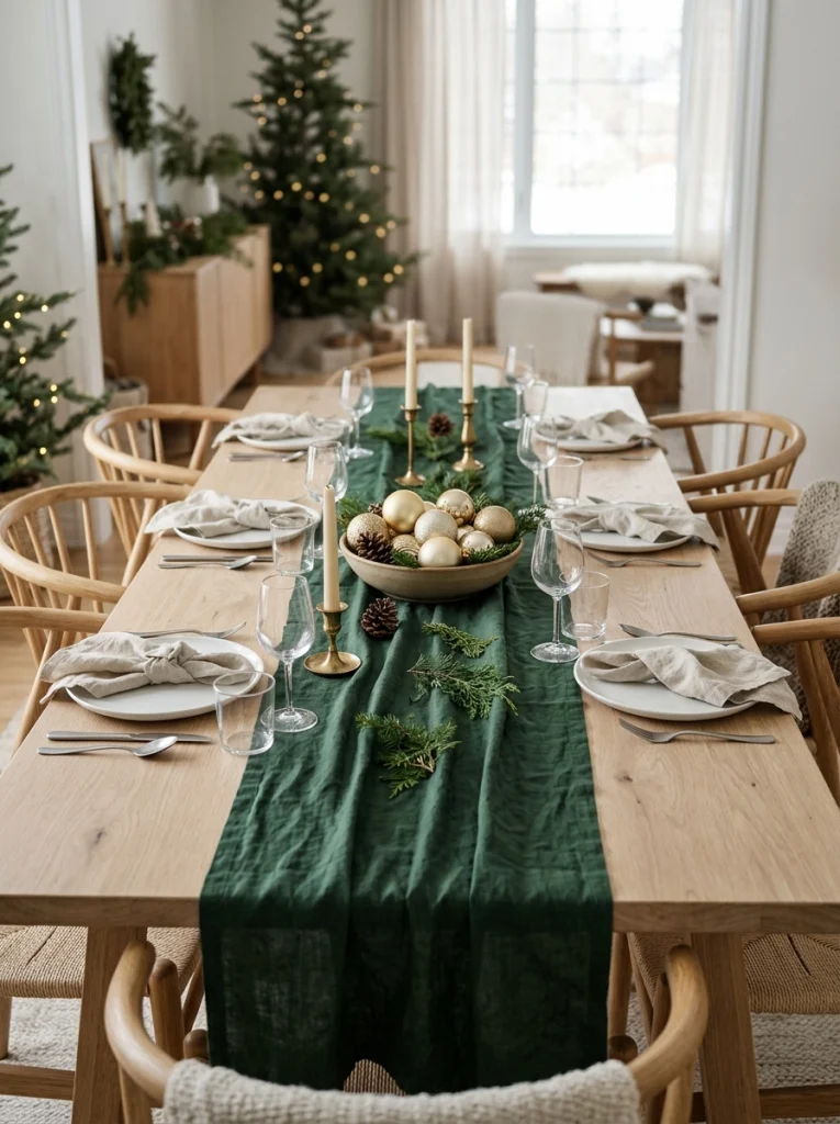 Christmas dining room decor with a forest-green linen table runner and simple gold ornaments.