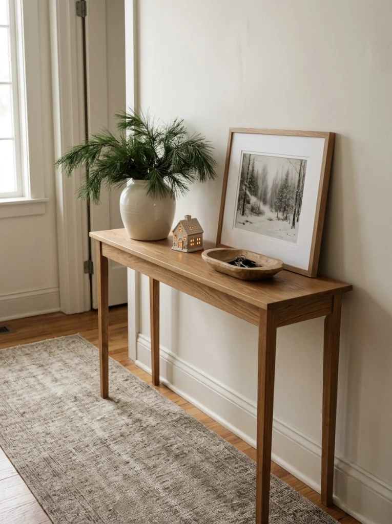 A Christmas entryway console decorated with pine branches, a miniature illuminated house, and natural wood accents.