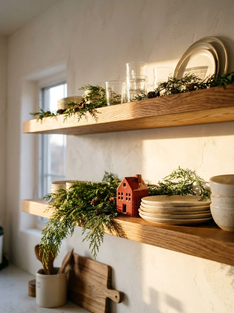 Open kitchen shelves with cedar greenery and neutral dishes for understated Christmas kitchen decor.