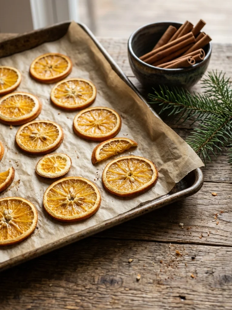 Dried orange slices add natural color to homemade Christmas garlands and rustic holiday decorations.