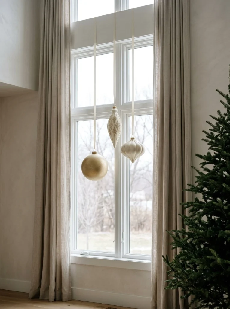 Oversized gold and ivory Christmas ornaments hanging in a tall window for elegant holiday decor.