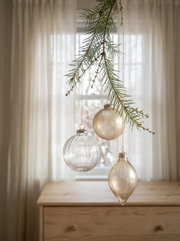 Hanging ornaments near a bedroom window create delicate Christmas decor with little cost.
