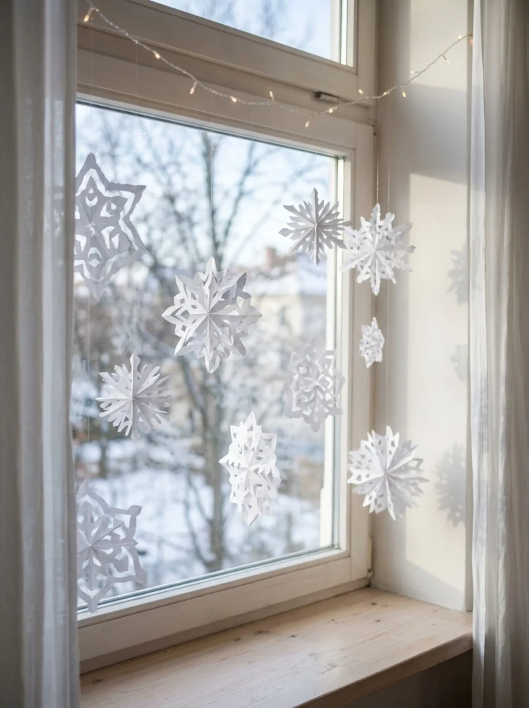 White paper snowflakes create inexpensive Christmas window decorations for a small apartment.