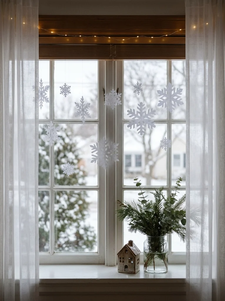 Handmade paper snowflakes and fairy lights create inexpensive Christmas window decorations.