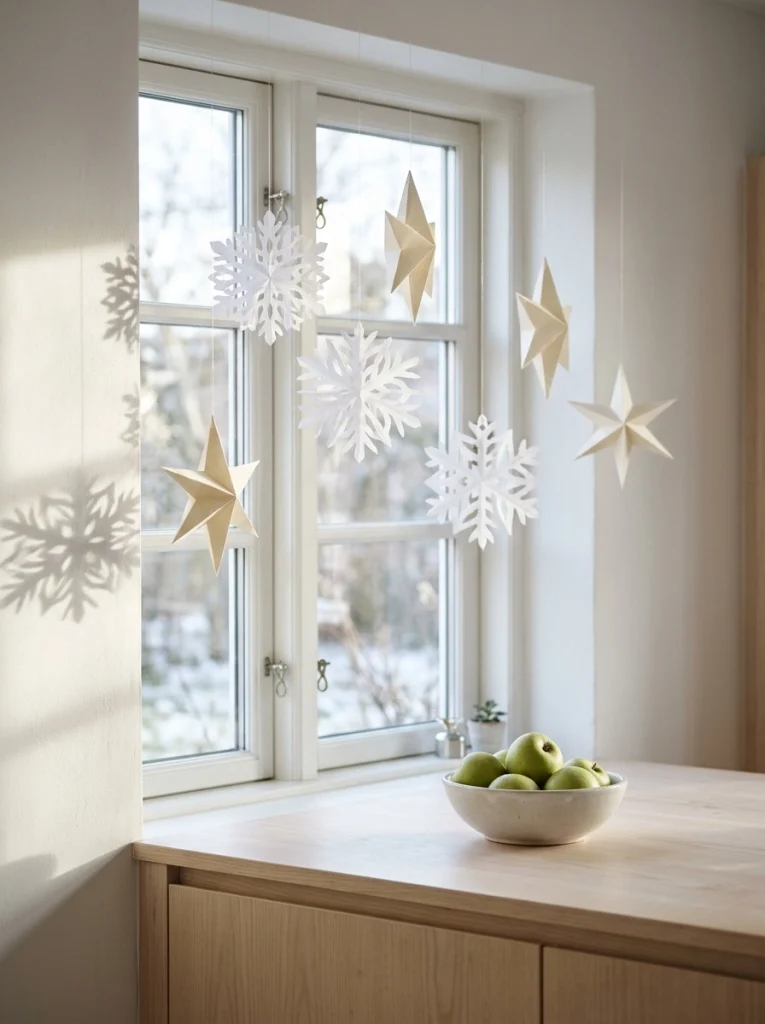Handmade paper snowflakes and folded stars decorating a kitchen window for Christmas.