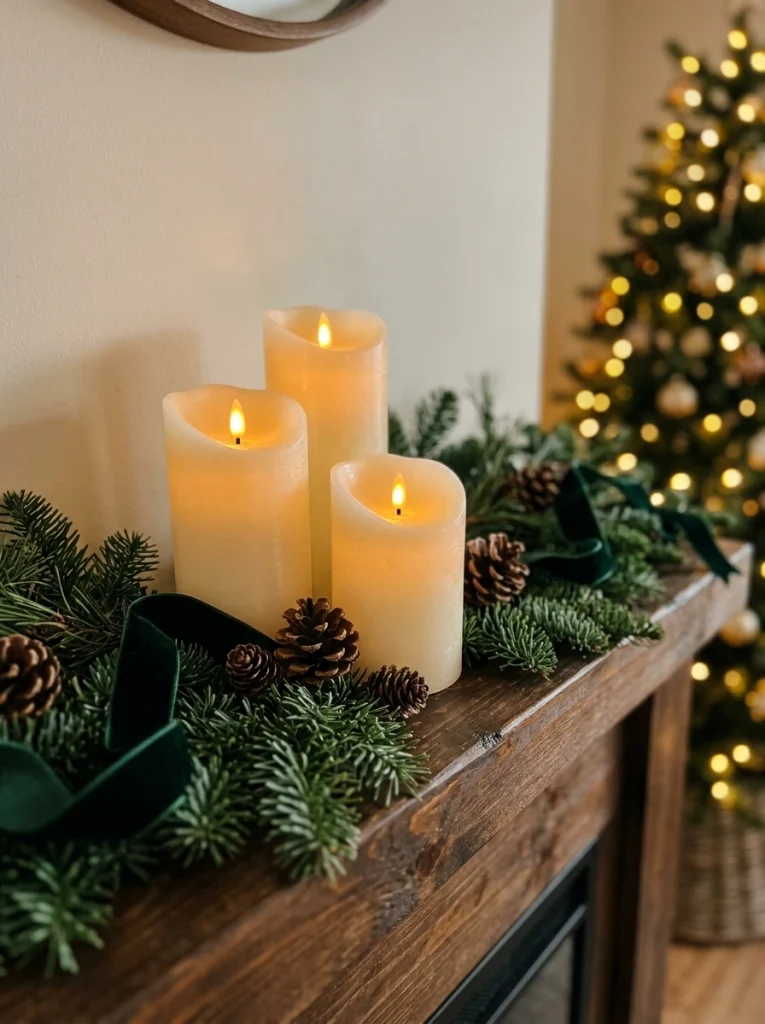 Battery-powered candles create a warm Christmas glow without the cost of elaborate lighting.