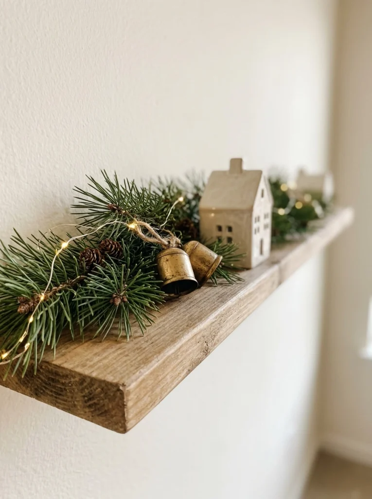 Simple Christmas shelf decor with pine garland and warm lights for a small home.
