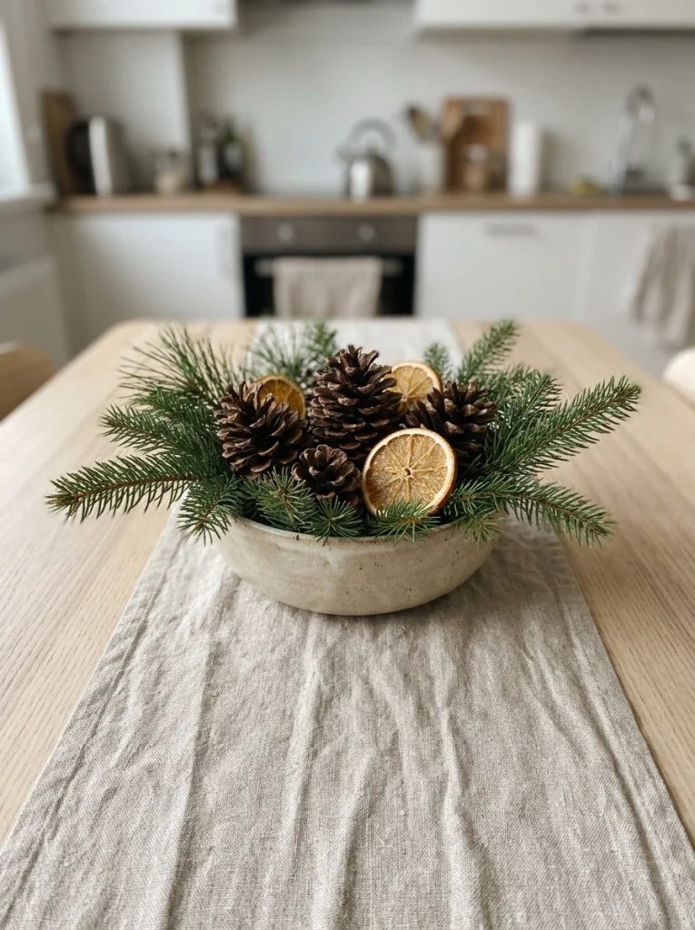 Natural pinecones and evergreen branches make inexpensive Christmas decorations for a small apartment.