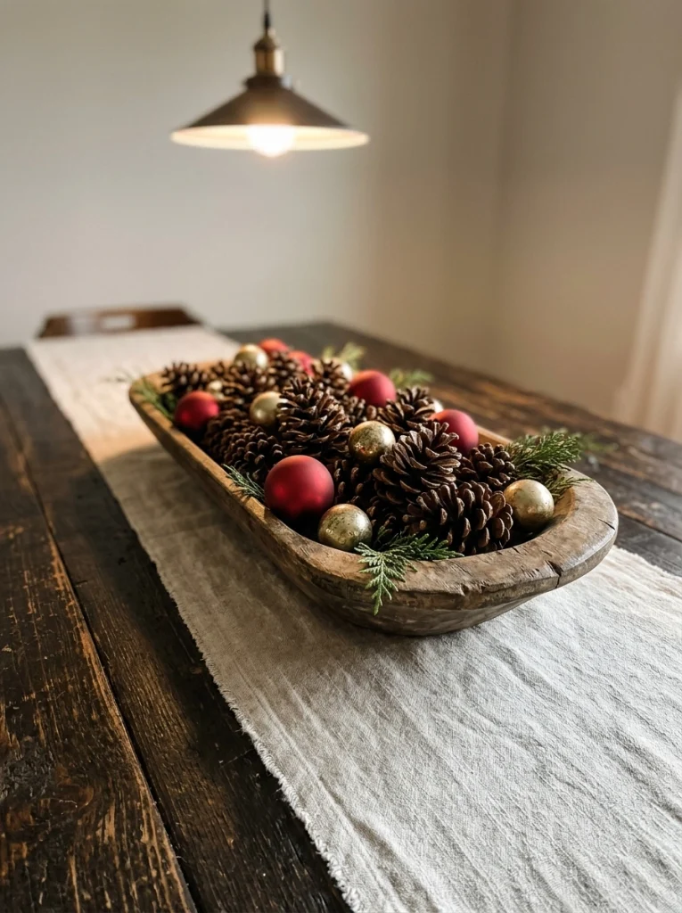 Rustic farmhouse Christmas centerpiece with pinecones, red ornaments, and a wooden dough bowl.