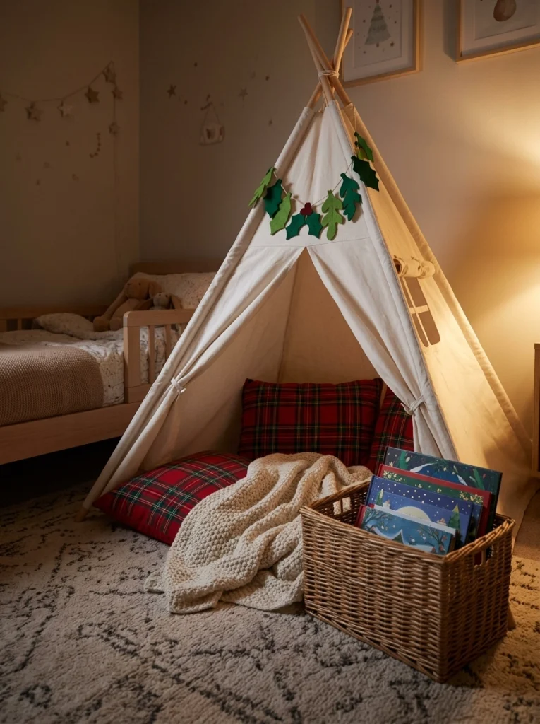 A Christmas bedtime story tent with plaid cushions, holiday books, and a soft blanket in a child's bedroom.