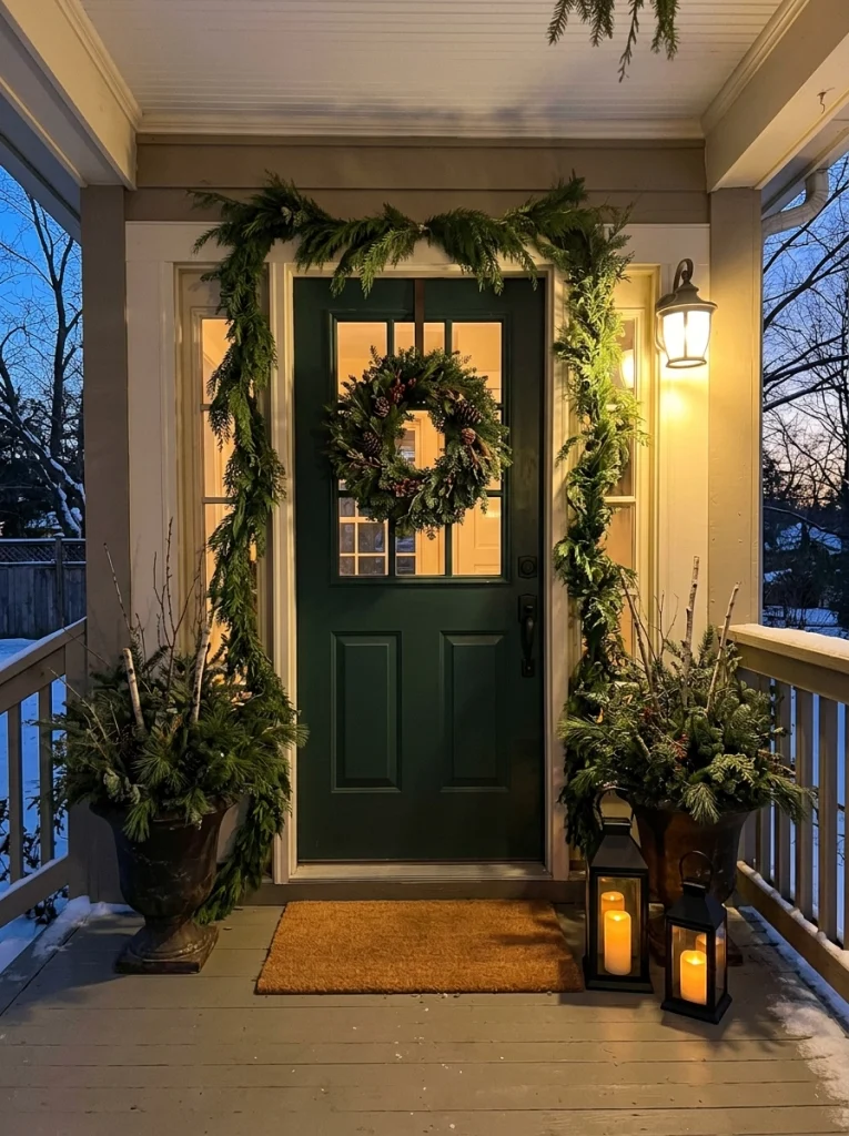 Christmas porch decor with black lanterns, evergreen planters, and a welcoming front door wreath.
