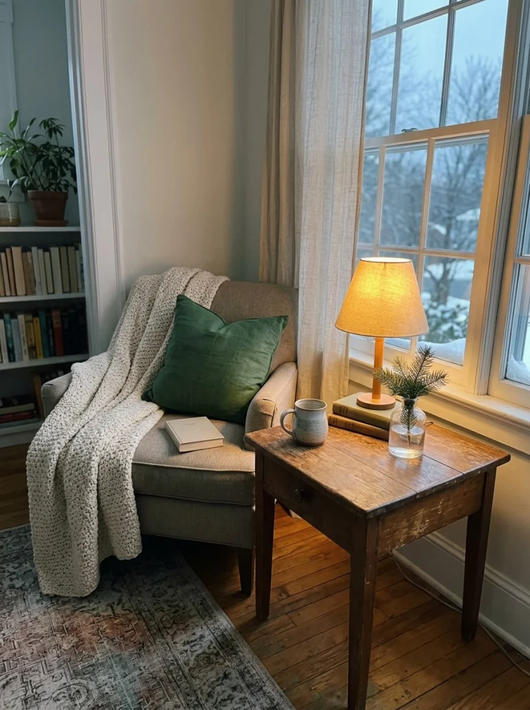 A cozy reading corner with warm lighting and simple Christmas accents adds seasonal comfort on a budget.