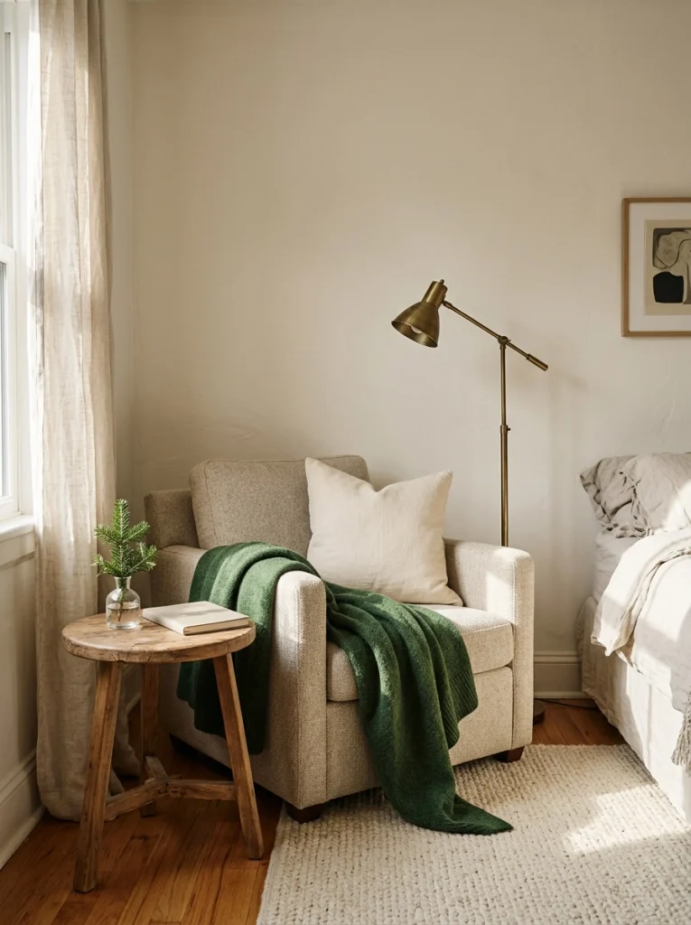A green throw and cream cushion create a cozy Christmas reading corner in the bedroom.