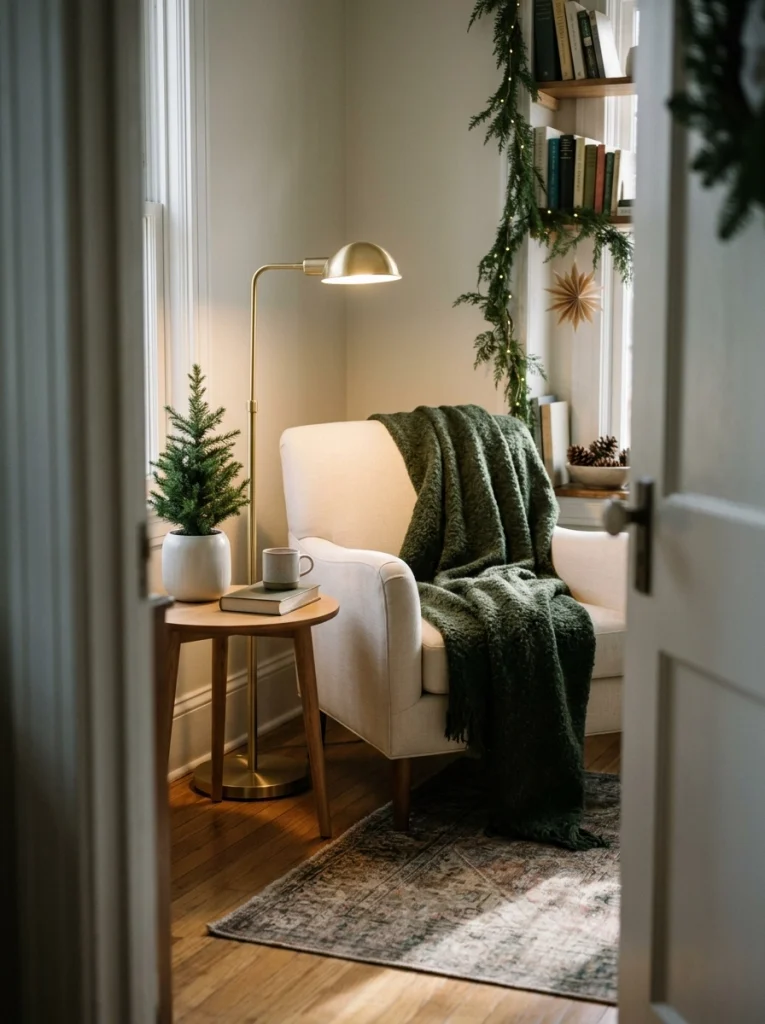 A minimalist Christmas reading nook with a cream chair, green throw, and small potted evergreen.