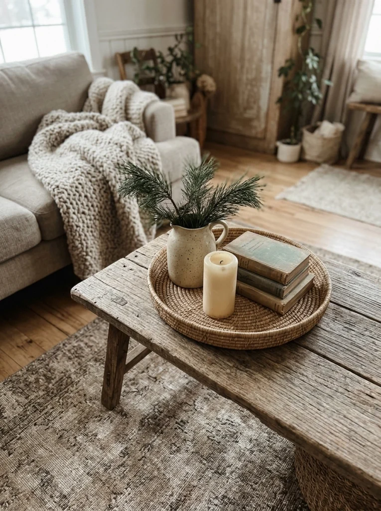Farmhouse Christmas coffee table decor with greenery, woven textures, neutral ceramics, and vintage books.