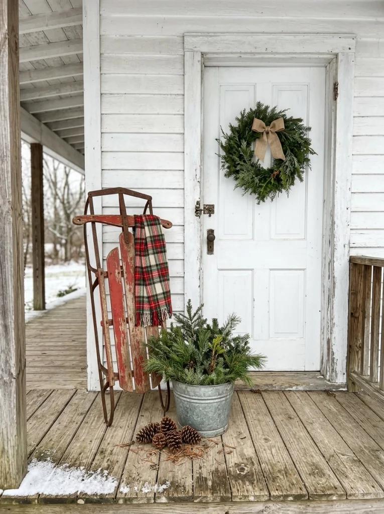 Rustic farmhouse Christmas porch decor featuring a vintage sled, evergreen branches, and a traditional wreath.