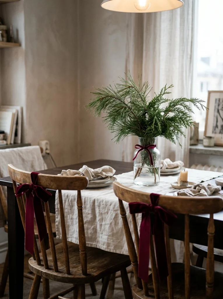 Burgundy velvet ribbons add affordable Christmas details to everyday apartment furniture.