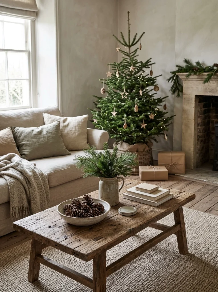 Rustic Christmas living room decor ideas with pinecones, reclaimed wood, linen cushions, and natural greenery.